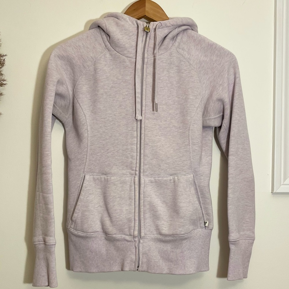 TNA Aritzia zip up hoodie in pale lavender with light heathering